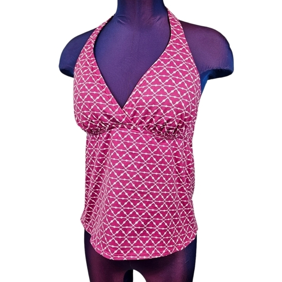 Lands'‎ End Pink Geometric Halter Tankini Swimsuit Top Size 8 Women's - Picture 1 of 7